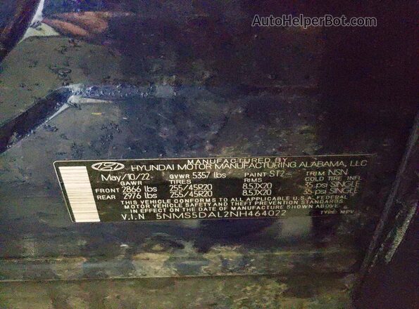 5NMS5DAL2NH464022 2022 HYUNDAI SANTA FE CALLIGRAPHY Blue VIN կոդի պիտակի տեսք
