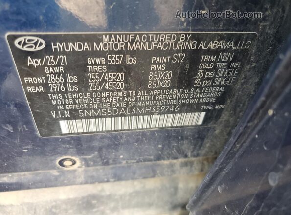 5NMS5DAL3MH359746 2021 HYUNDAI SANTA FE CALLIGRAPHY Blue Սալոնի 360 աստիճան տեսք
