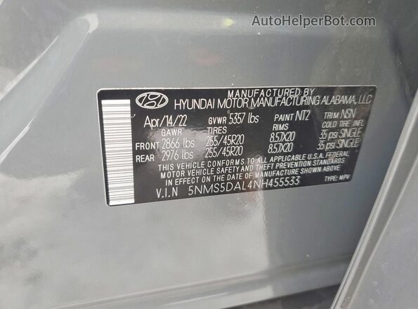 5NMS5DAL4NH455533 2022 HYUNDAI SANTA FE CALLIGRAPHY Gray VIN კოდის სტიკერის ხედი