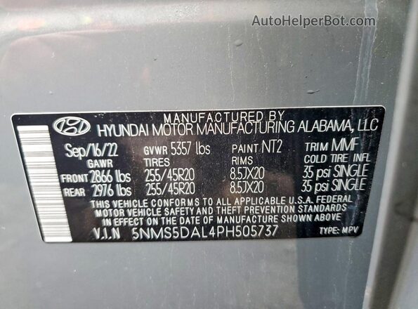 5NMS5DAL4PH505737 2023 HYUNDAI SANTA FE CALLIGRAPHY Gray Вид наклейки з VIN-кодом