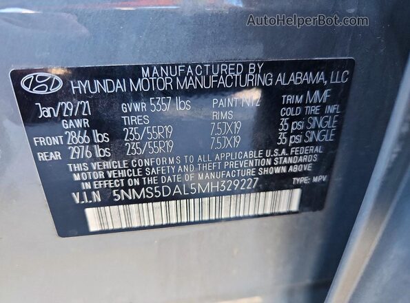 5NMS5DAL5MH329227 2021 HYUNDAI SANTA FE CALLIGRAPHY Серый Панорамный вид салона 360°