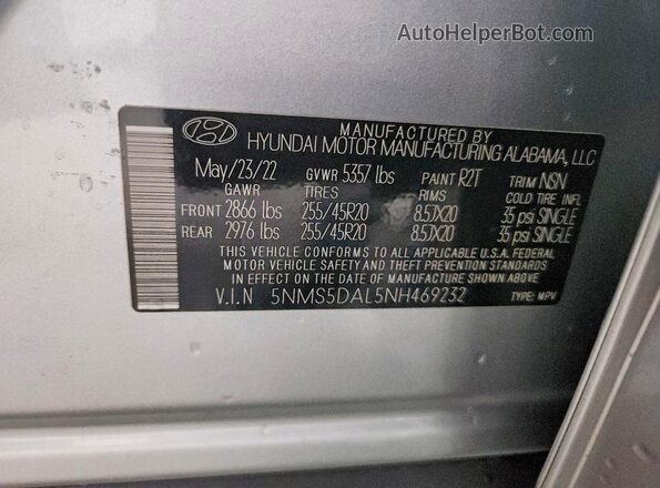 5NMS5DAL5NH469232 2022 HYUNDAI SANTA FE CALLIGRAPHY Silver Vista de la etiqueta del VIN