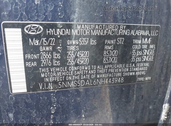 5NMS5DAL6NH443948 2022 HYUNDAI SANTA FE CALLIGRAPHY Blue ძრავის განყოფილების ხედი