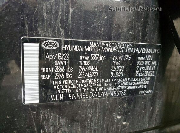 5NMS5DAL7NH455123 2022 HYUNDAI SANTA FE CALLIGRAPHY Gray VIN კოდის სტიკერის ხედი