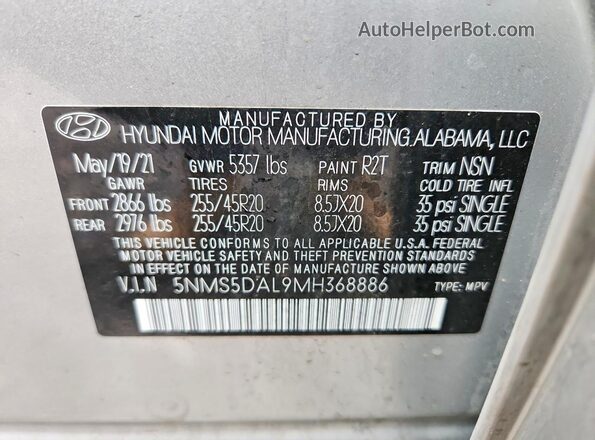 5NMS5DAL9MH368886 2021 HYUNDAI SANTA FE CALLIGRAPHY Серебряный Вид наклейки с VIN-кодом