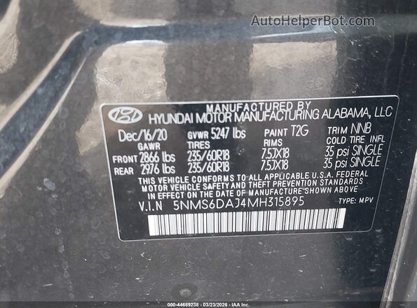 5NMS6DAJ4MH315895 2021 HYUNDAI SANTA FE Gray Widok komory silnika
