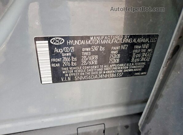 5NMS6DAJ4NH386337 2022 HYUNDAI SANTA Серый Вид наклейки с VIN-кодом