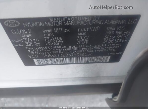 5NMZT3LB6JH086056 2018 HYUNDAI SANTA FE SPORT Белый Вид подкапотного пространства