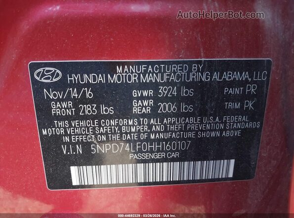 5NPD74LF0HH160107 2017 HYUNDAI ELANTRA Темно-бордовый Вид подкапотного пространства