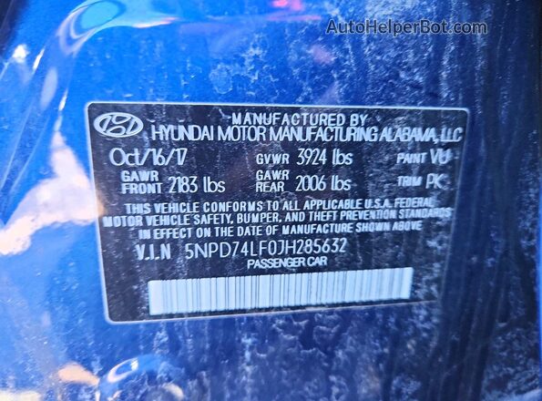 5NPD74LF0JH285632 2018 HYUNDAI ELANTRA Синий Вид наклейки с VIN-кодом