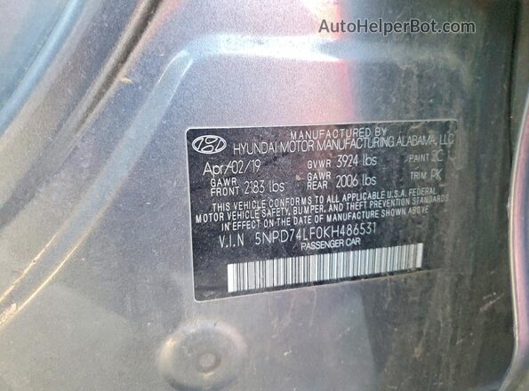5NPD74LF0KH486531 2019 HYUNDAI ELANTRA Gray ძრავის განყოფილების ხედი