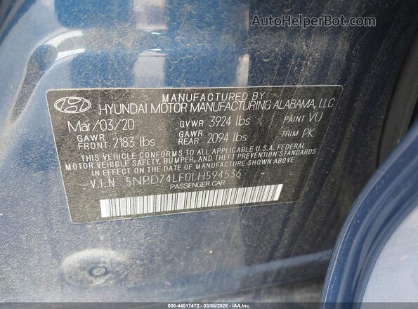 5NPD74LF0LH594536 2020 HYUNDAI ELANTRA Синий Вид подкапотного пространства