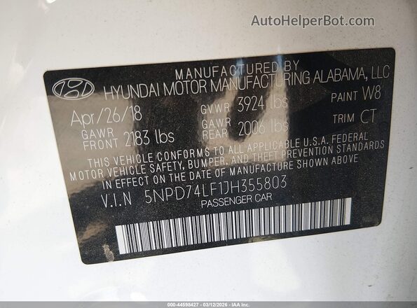 5NPD74LF1JH355803 2018 HYUNDAI ELANTRA Белый Вид подкапотного пространства
