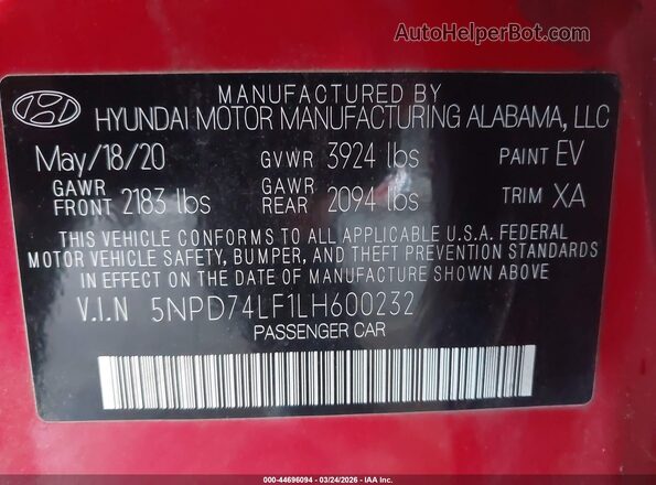 5NPD74LF1LH600232 2020 HYUNDAI ELANTRA Red ძრავის განყოფილების ხედი