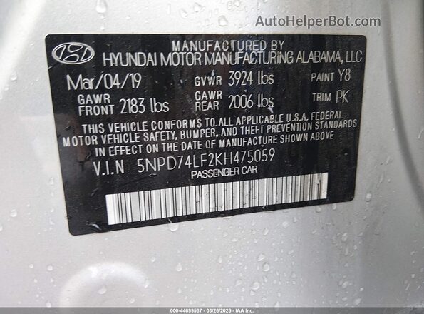 5NPD74LF2KH475059 2019 HYUNDAI ELANTRA Silver Widok komory silnika