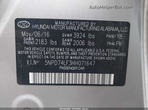 5NPD74LF3HH071647 2017 HYUNDAI ELANTRA Silver Вид підкапотного простору
