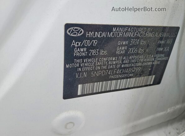 5NPD74LF4KH485799 2019 HYUNDAI ELANTRA White Շարժիչի բաժամունքի տեսք