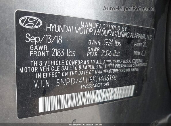 5NPD74LF5KH406138 2019 HYUNDAI ELANTRA Gray ძრავის განყოფილების ხედი