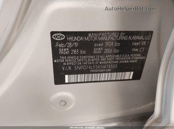 5NPD74LF5KH474505 2019 HYUNDAI ELANTRA Серебряный Вид подкапотного пространства