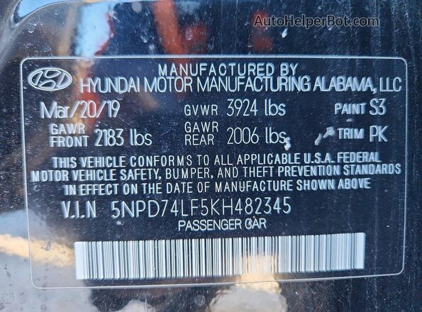 5NPD74LF5KH482345 2019 HYUNDAI ELANTRA Black VIN sticker view