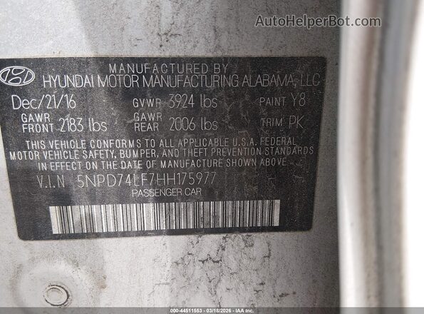5NPD74LF7HH175977 2017 HYUNDAI ELANTRA Silver Widok komory silnika