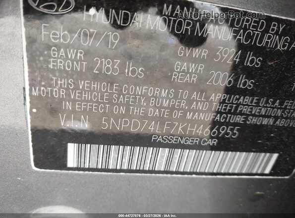 5NPD74LF7KH466955 2019 HYUNDAI ELANTRA Gray Engine compartment view