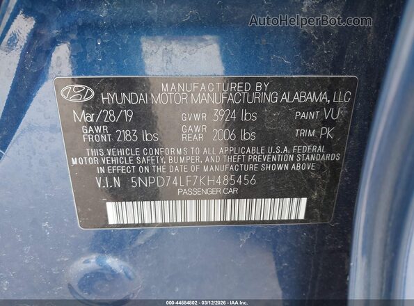 5NPD74LF7KH485456 2019 HYUNDAI ELANTRA Blue ძრავის განყოფილების ხედი