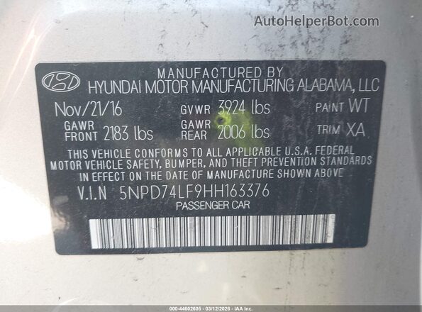 5NPD74LF9HH163376 2017 HYUNDAI ELANTRA Silver Вид підкапотного простору