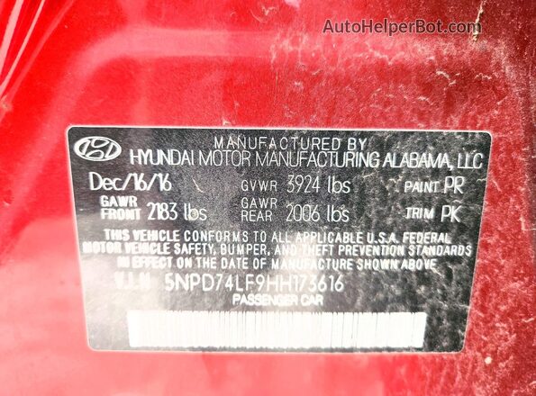 5NPD74LF9HH173616 2017 HYUNDAI ELANTRA Red Vista del compartimento del motor