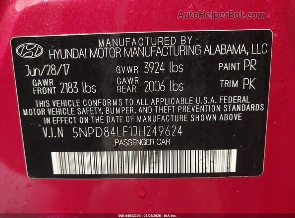 5NPD84LF1JH249624 2018 HYUNDAI ELANTRA Красный Вид подкапотного пространства