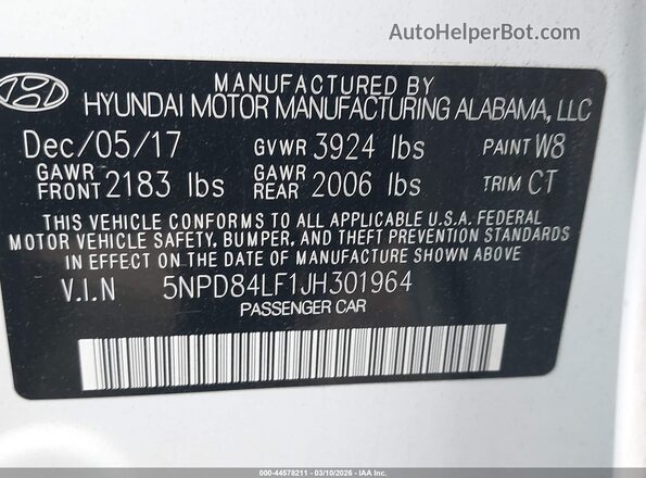 5NPD84LF1JH301964 2018 HYUNDAI ELANTRA Белый Вид подкапотного пространства
