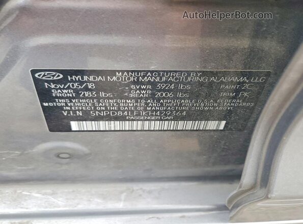 5NPD84LF1KH429364 2019 HYUNDAI ELANTRA Gray Vista de la etiqueta del VIN