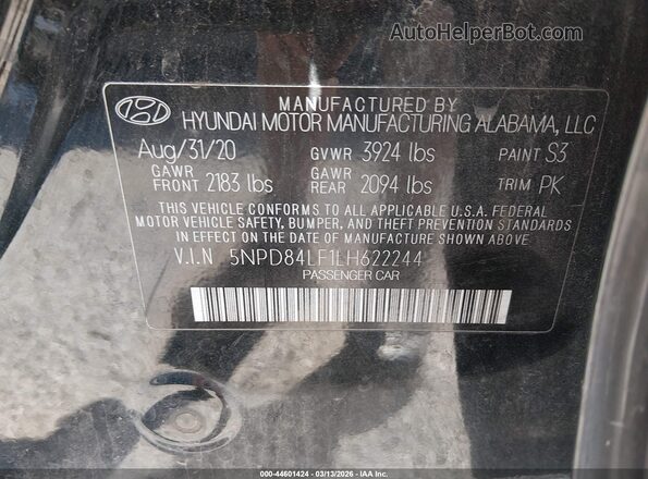 5NPD84LF1LH622244 2020 HYUNDAI ELANTRA Black Widok komory silnika
