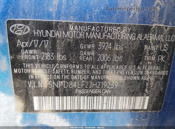 5NPD84LF2JH219239 2018 HYUNDAI ELANTRA Синий Вид подкапотного пространства