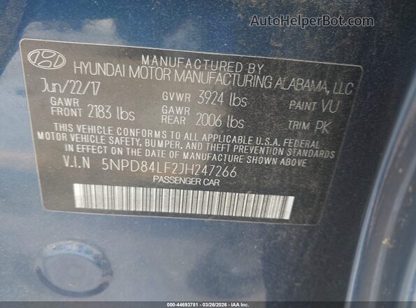 5NPD84LF2JH247266 2018 HYUNDAI ELANTRA Blue Вид підкапотного простору