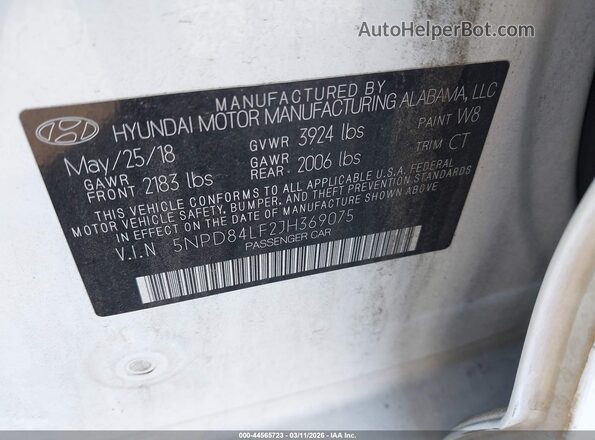 5NPD84LF2JH369075 2018 HYUNDAI ELANTRA White ძრავის განყოფილების ხედი
