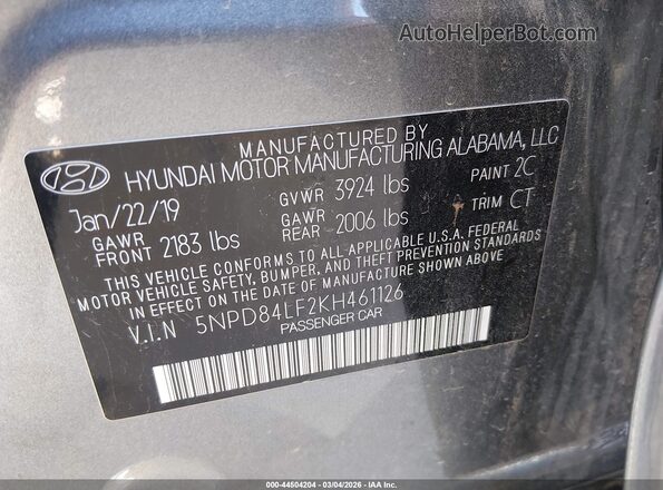 5NPD84LF2KH461126 2019 HYUNDAI ELANTRA Gray Vista del compartimento del motor