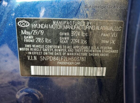 5NPD84LF2LH503781 2020 HYUNDAI ELANTRA Blue Widok komory silnika