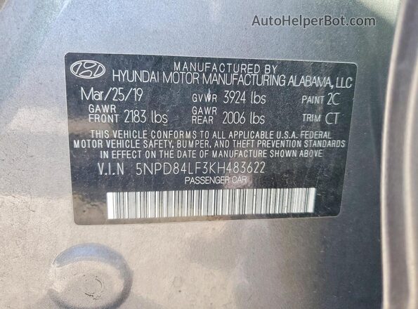 5NPD84LF3KH483622 2019 HYUNDAI ELANTRA Charcoal ძრავის განყოფილების ხედი