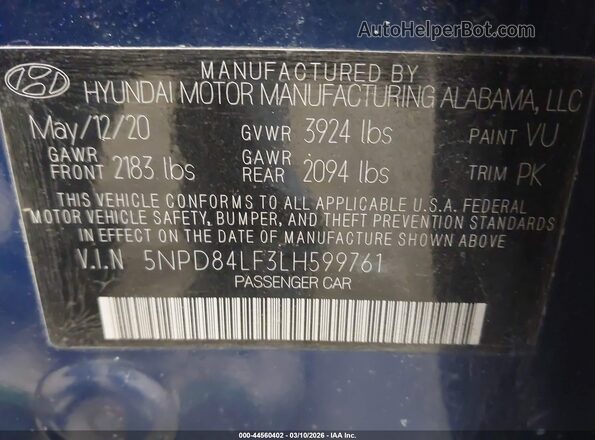 5NPD84LF3LH599761 2020 HYUNDAI ELANTRA Blue Widok komory silnika