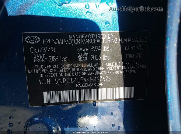 5NPD84LF4KH427625 2019 HYUNDAI ELANTRA Blue Vista del compartimento del motor