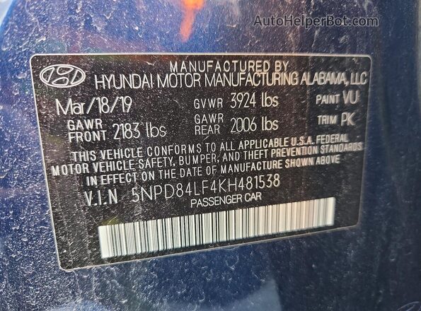 5NPD84LF4KH481538 2019 HYUNDAI ELANTRA Blue Vista del compartimento del motor