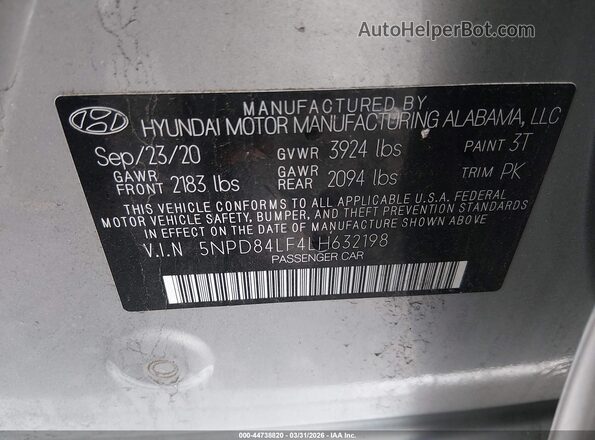 5NPD84LF4LH632198 2020 HYUNDAI ELANTRA Серый Вид подкапотного пространства