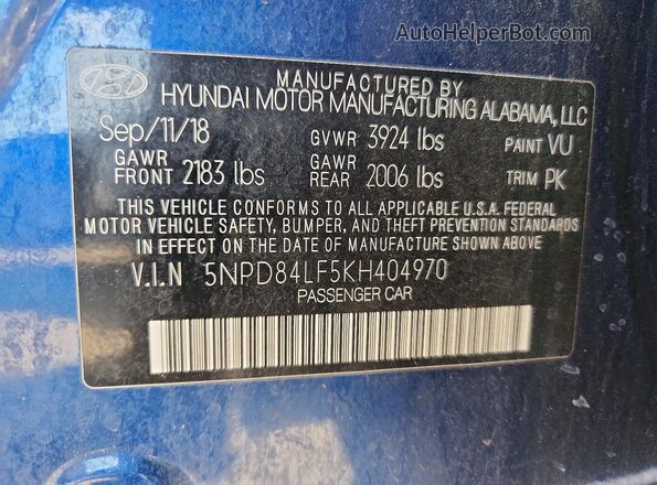 5NPD84LF5KH404970 2019 HYUNDAI ELANTRA Blue Շարժիչի բաժամունքի տեսք