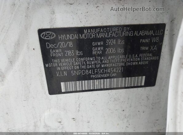 5NPD84LF5KH454221 2019 HYUNDAI ELANTRA White Շարժիչի բաժամունքի տեսք