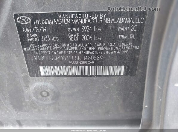 5NPD84LF5KH480589 2019 HYUNDAI ELANTRA Gray Widok komory silnika