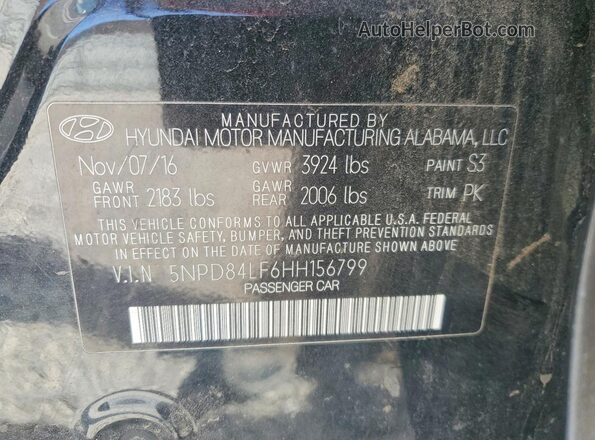 5NPD84LF6HH156799 2017 HYUNDAI ELANTRA Black Вид наклейки з VIN-кодом