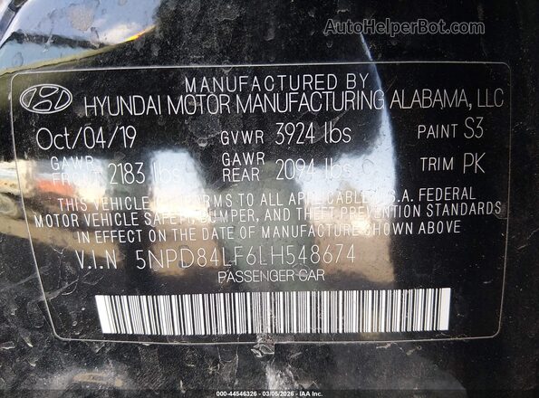 5NPD84LF6LH548674 2020 HYUNDAI ELANTRA Black Engine compartment view