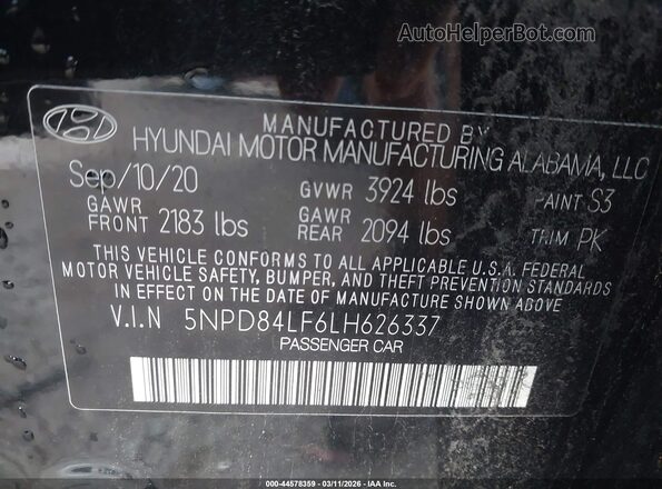 5NPD84LF6LH626337 2020 HYUNDAI ELANTRA Black Widok komory silnika
