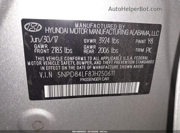5NPD84LF8JH250611 2018 HYUNDAI ELANTRA Серый Вид подкапотного пространства
